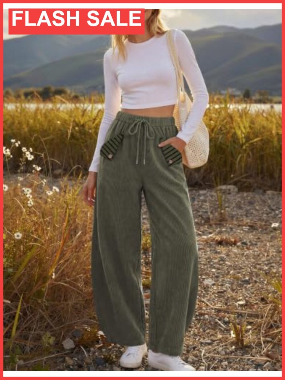 TARSE Corduroy Barrel Pants Striped Patch Pockets Drawstring Waist Baggy - Picture 5 of 6